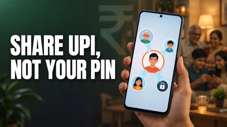 Smartphone UPI Circle screen linking a primary user to family members for safe delegated payments in India 2026