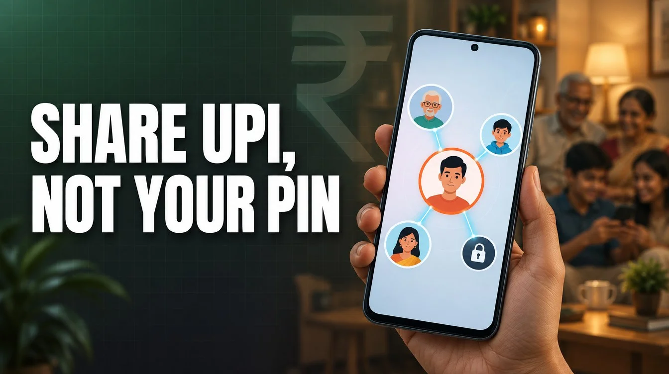 Smartphone UPI Circle screen linking a primary user to family members for safe delegated payments in India 2026