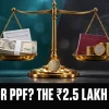 VPF vs PPF India 2026: balance scale weighing salary slip against PPF passbook, with ₹2.5 lakh rule headline