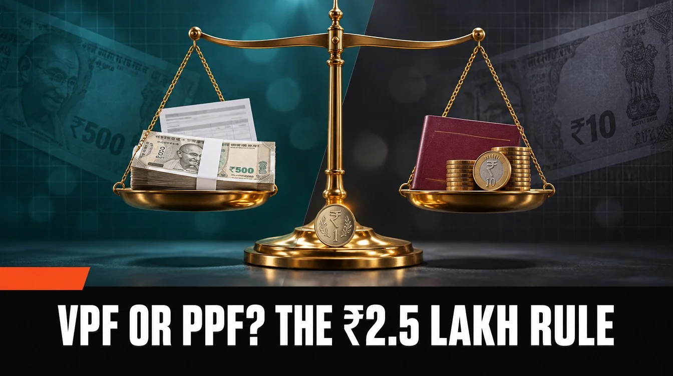 VPF vs PPF India 2026: balance scale weighing salary slip against PPF passbook, with ₹2.5 lakh rule headline